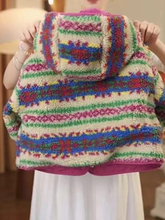 معطف شتوي طويل من فرو الخروف للفتيات قابل للارتداء على الوجهين مع قبعة دافئة أنيقة على الطراز الكوري للنساء