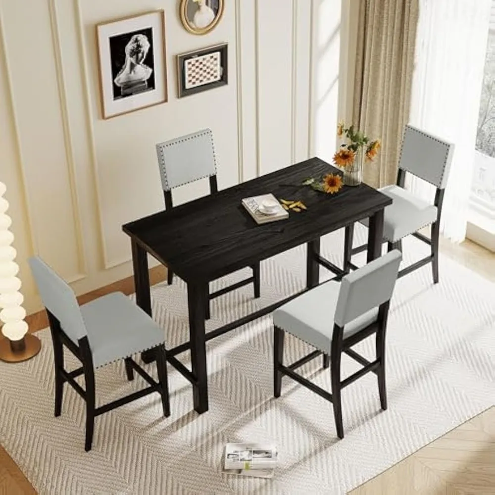 5 Piece Counter Height Dining Set, Wood Table and 4 Chairs Set for Living Room Dining Room Kitchen Small Room Table Set