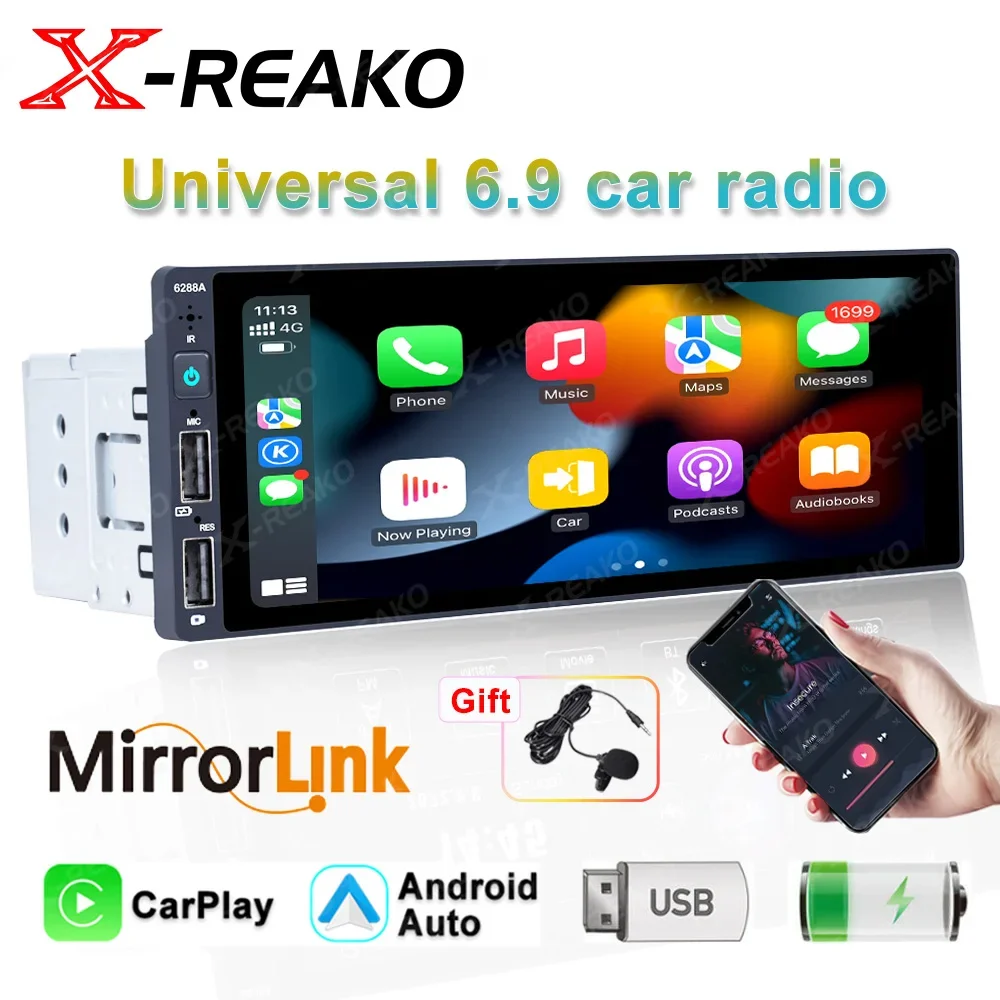 

X-REAKO 1 Din Carplay MP5 мультимедийный плеер 6,9 дюймовый сенсорный экран Bluetooth Авторадио Стерео видео Универсальный FM-радио