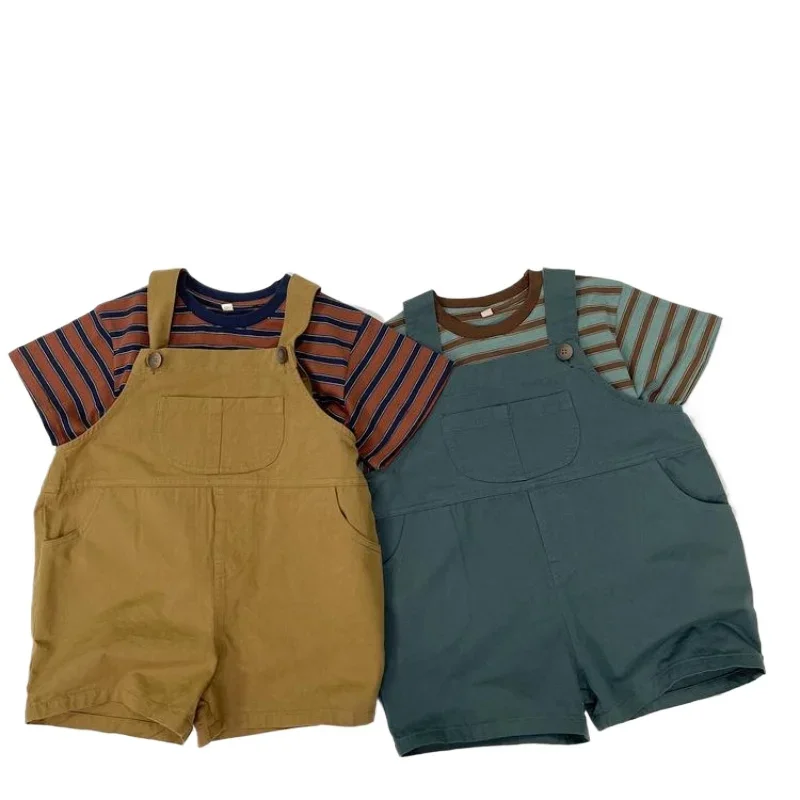 Summer Children's Sets Boys' Casual T-shirt Overalls Shorts Korean Kids Overalls Children's Striped Short Sleeved T-shirt Set