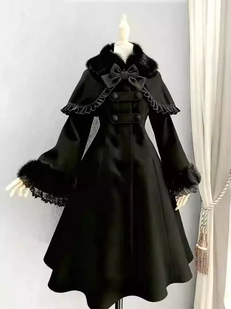 

2026 new Japan Vintage Dark Fashion Jacket Goth Punk Style Winter Premium Woolen Coats Slim Waist Bow Big Swing Mid-length Cloak