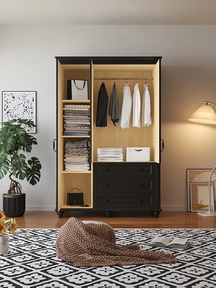 All solid wood opposite door wardrobe household bedroom American retro wardrobe small apartment three-door clothing cabinet