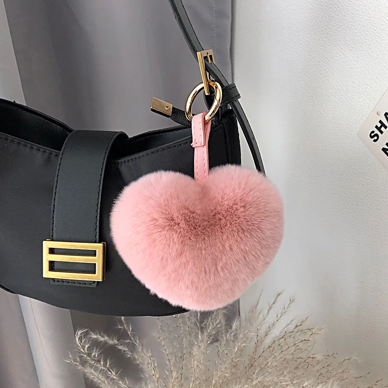 Cute Heart Keychain Real Rex Rabbit Fur Heart Pompom Key Chain Women Girl Bag Charms Cars Accessory Simple Fluffy Keyring Gifts