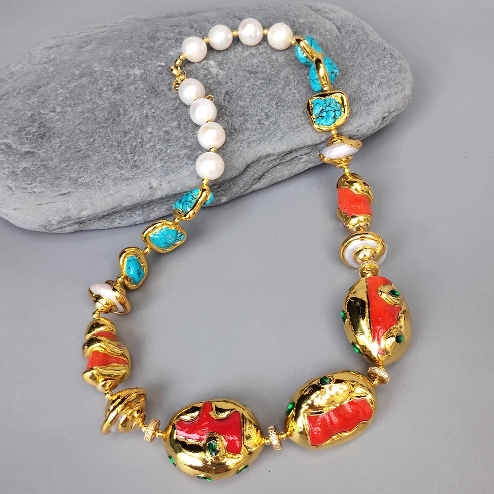 

Y·YING Orange Coral Blue Turquoise White Pearl Gemstone Handmade Statement Necklaces Jewelry
