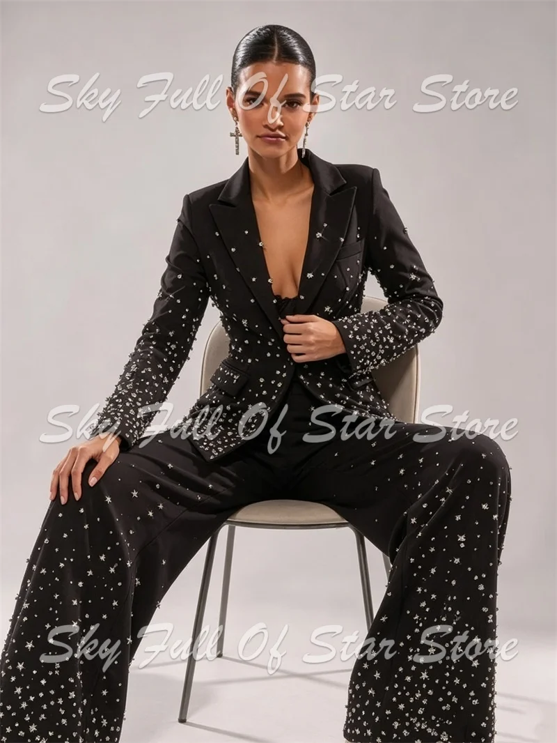 Luxury Ombre Star Crystal Studded Women Suit Set 2 Pcs Slim Blazer Wide Pants Prom Birthday Cocktail Wedding Guest Lady Jacket