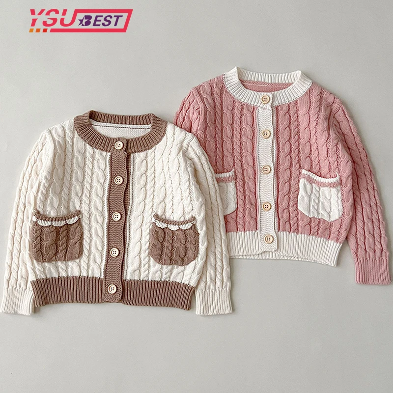 

Infant Knitted Cardigan Baby Girls Cardigan Princess Long Sleeve Knit Jacket Pocket Girls Sweater Coat Cotton Baby Knit Clothes