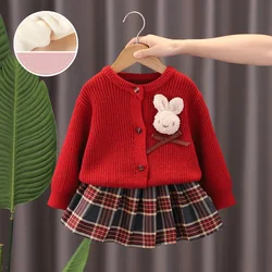 2024 Autumn Winter Babys Girl Two-piece Clothes Set 3D Rabbit Knitted Sweater Cardigan Outfits Fleece Plaid Skirt Kid Girl Suits