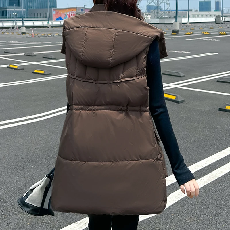New Women's Fashion Hooded Down Cotton Vest Long Parkas Thick Warm Puffer Sleeveless Jacket Solid Windproof Waistcoat Outerwear