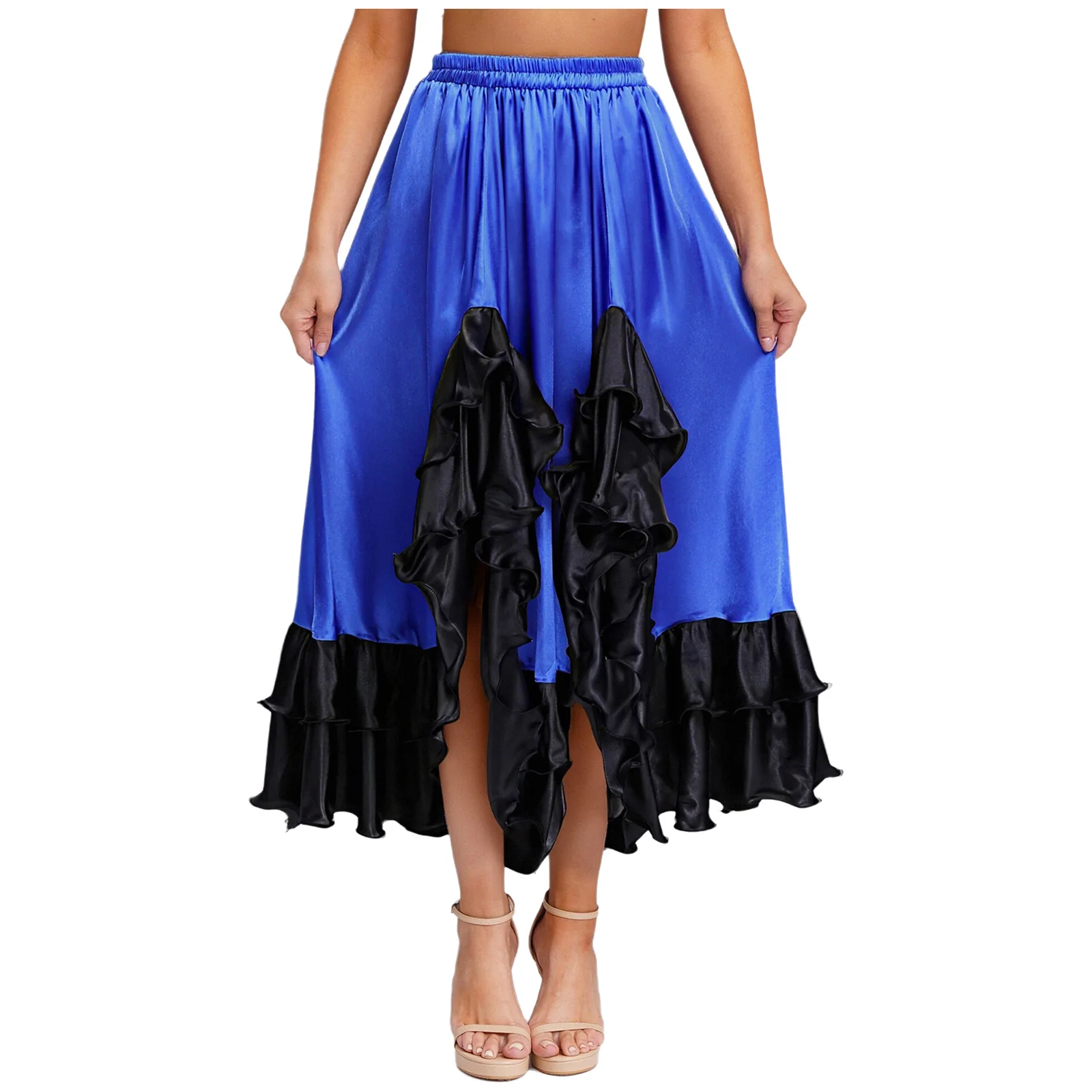 Elegante falda de flamenco para mujer con dobladillo con volantes y tela satinada, perfecta para actuaciones de danza española y práctica de tango