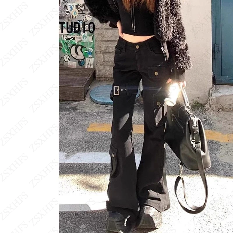 Pantalones Cargo Punk Retro americanos para mujer, ropa de calle de tiro bajo Y2K, Pantalones acampanados Vintage para mujer, Pantalones Cargo Harajuku con múltiples bolsillos