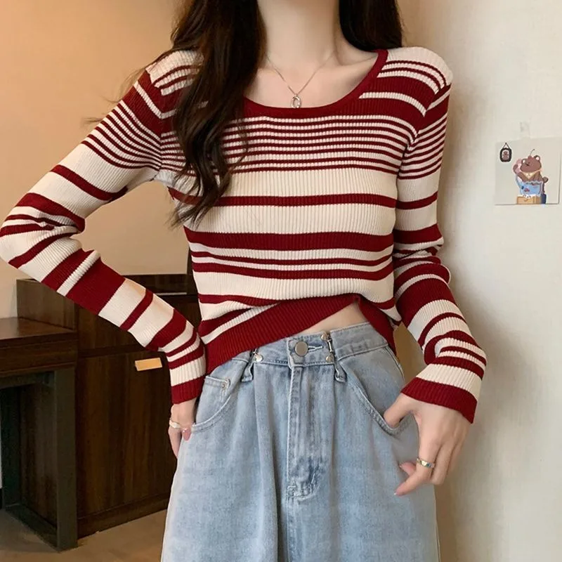 خريف 2025 جديد ريترو التباين مخطط بأكمام طويلة محبوك الطبقات الداخلية قميص قصير المرأة #3