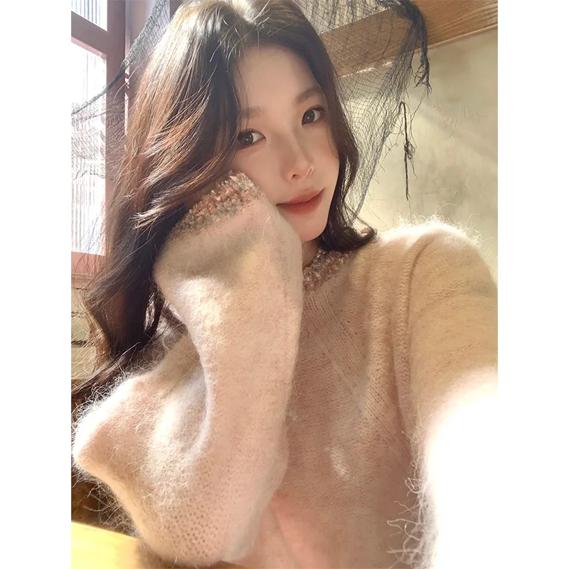 

Elegant Pink Sweater Women Fashion Patchwork Knitted Pullovers Korean Long Sleeve Knitwears Winter Ladies Casual Design Jumpers