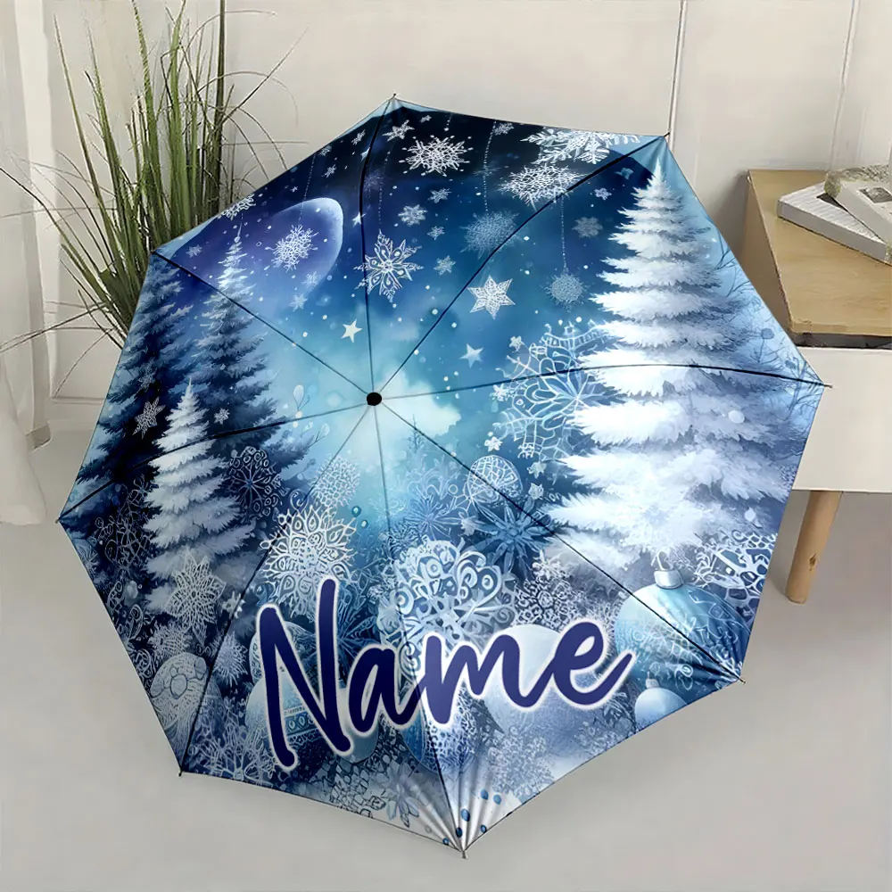 Custom Name Winter Night Theme Umbrella with Snowflake Design Print 8 Iron Ribs Folding Umbrella Auto-Open Fashion Sunshade