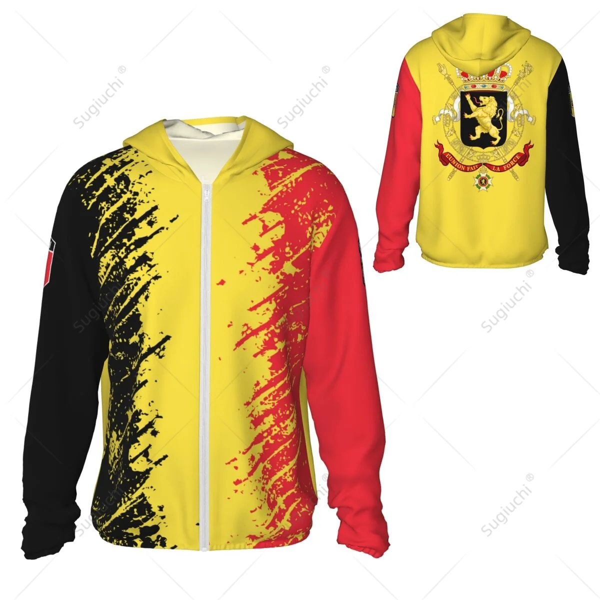 Hoodie de manga comprida com zíper, Proteção solar de poliéster, Roupas para pesca, ciclismo e corrida, Bélgica Flag Grain