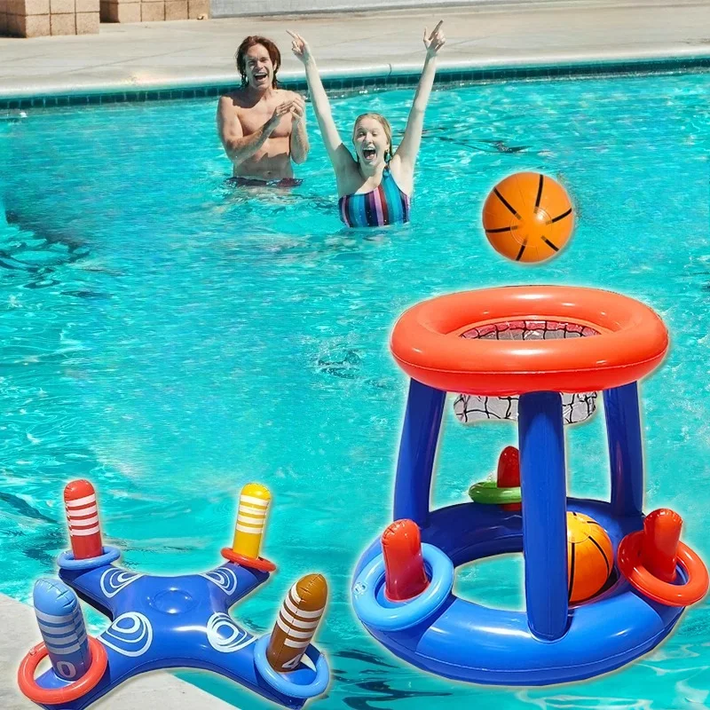 Inflatable Water Basketball Hoop & Ring Toss Game Set, Floating Swimming Pool Interactive Toys for Kids Adults Pool Party Games