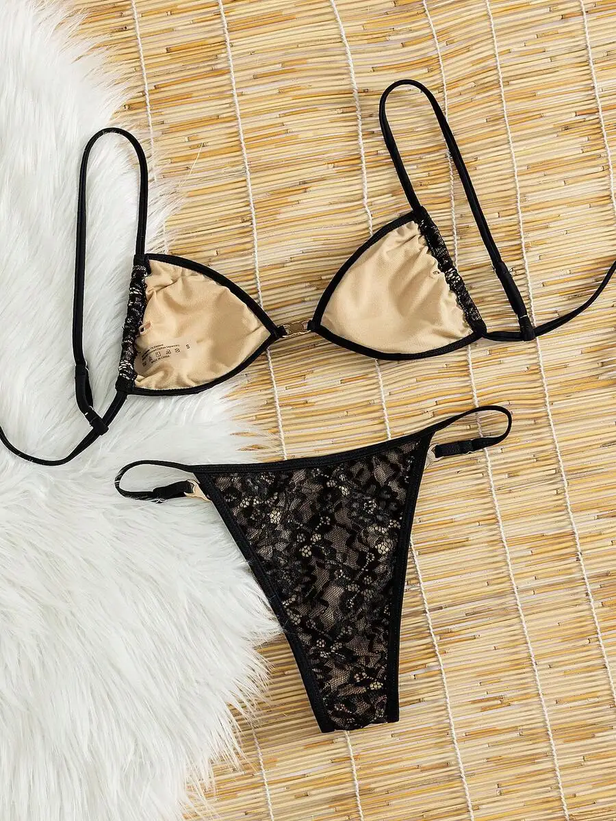 

Womens Black Lace Halter Bikini Set Solid Color Beach Swimwear Summer