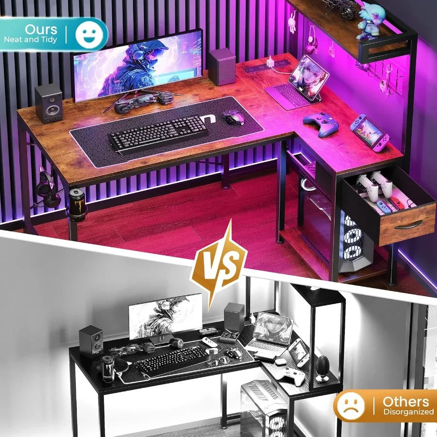 مكتب ألعاب على شكل حرف L مع أرفف طاولة كمبيوتر زاوية تتميز بمصابيح LED ومنافذ طاقة مدمجة ومنافذ USB مقاس 42 بوصة Rever