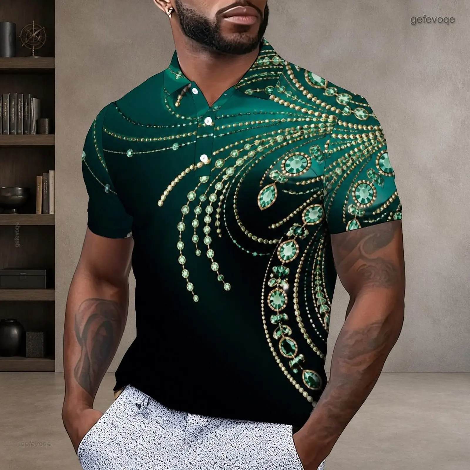 Men Printed Polo Shirt Short Sleeve Collared Neck Button Placket