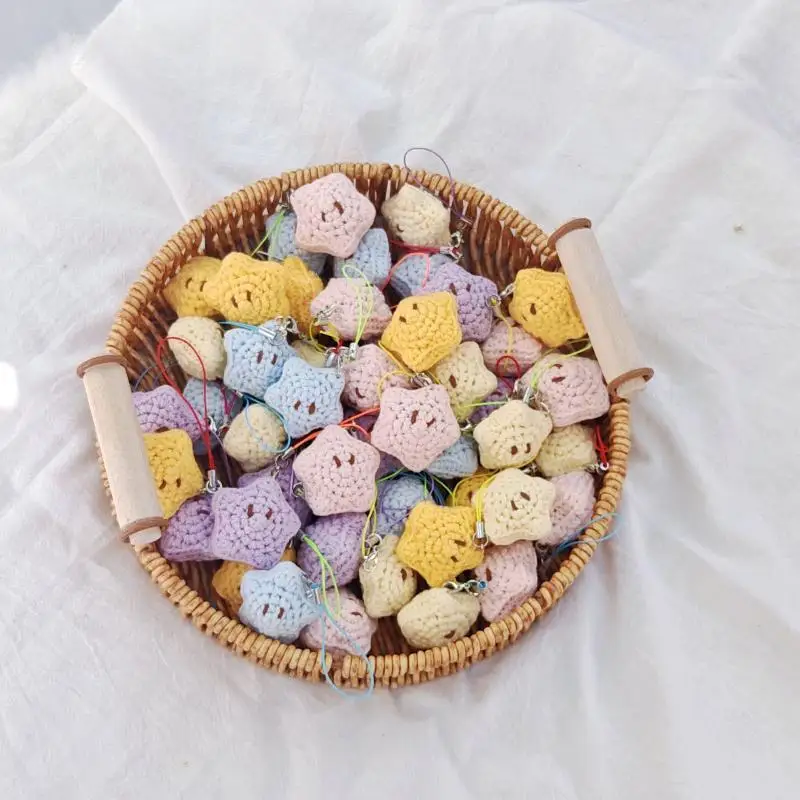 【CPI】Cute Handmade Crochet Star Keychains Pastel Colors Lovely Face For Bag Phone Decor Kids Gifts