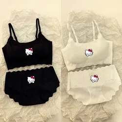 Sanrio Original Hello Kitty Ice Silk Underwear Girl Traceless No Steel Ring Gathering Bra and Panty Set Student Y2k Lingerie Set