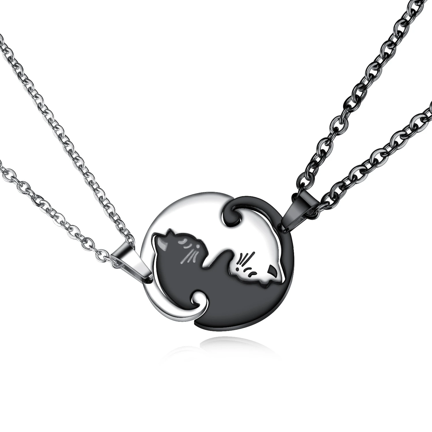 2 PieceCute Cat Stainless Steel Couple Necklace Black and White Kitten Hug Round Stitching Necklace for Women Friendship Jewelry