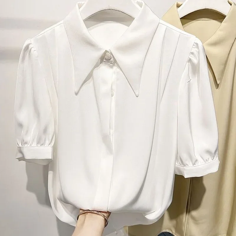 

Fashion Thin Chiffon Shirt Tops Summer New Polo Neck Short Sleeve Loose Solid Color Blouse Temperament Elegant Women Clothing