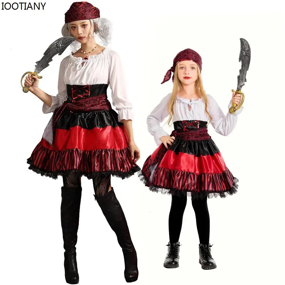 

CosplayKids Adult Red Striped Lace Pirate Costumes Halloween Pirate Cosplay Performance Clothes Carnival Party Navigator Stage D