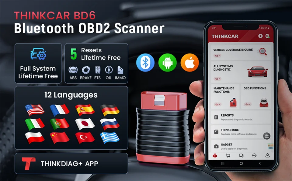 Thinkcar BD6 OBD2-Scanner, vollständiges System-Diagnosetool, 5 Reset, lebenslanger kostenloser kabelloser Auto-Codeleser für Android, iPhone, VS, BT200 – Detail 1