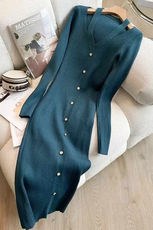 

Chic Autumn Winter Knitted Long Sve Loose Casual Dr Collar Single Button Women's Faionable Commute Sle Other Material CQ214