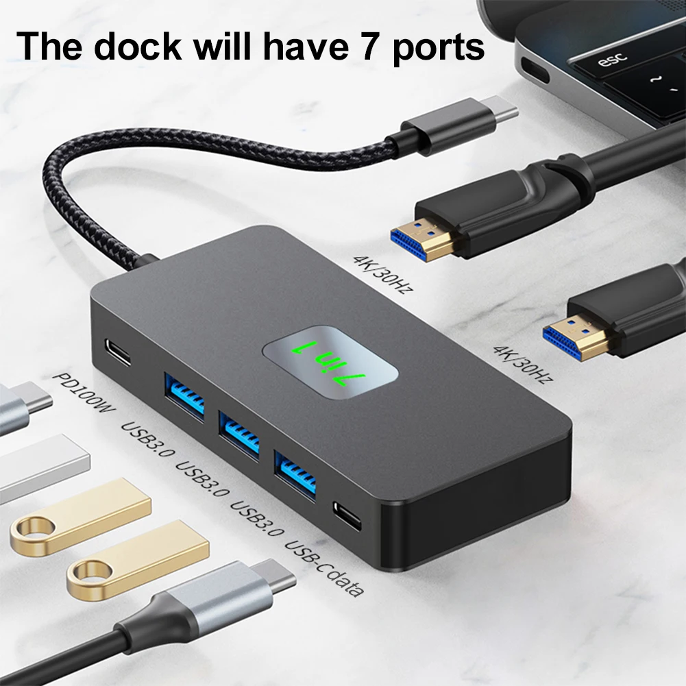 محطة إرساء USB C 7 في 1 شاشة مزدوجة متوافقة مع HDMI PD 100 وات USB C إلى محور USB مزدوج متوافق مع HDMI لينوفو/السطح/اليوغا