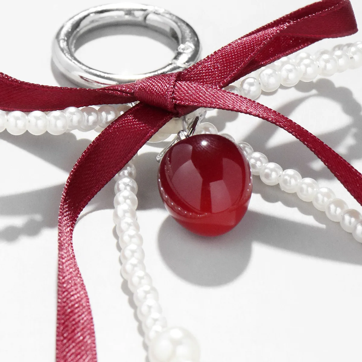 Wine Red Ribbon Cherry Pendants Keychain Women Sweet White Pearl Bow Backpack Key Ring Jewelry Bags Decoration Friendship Gifts - view 6