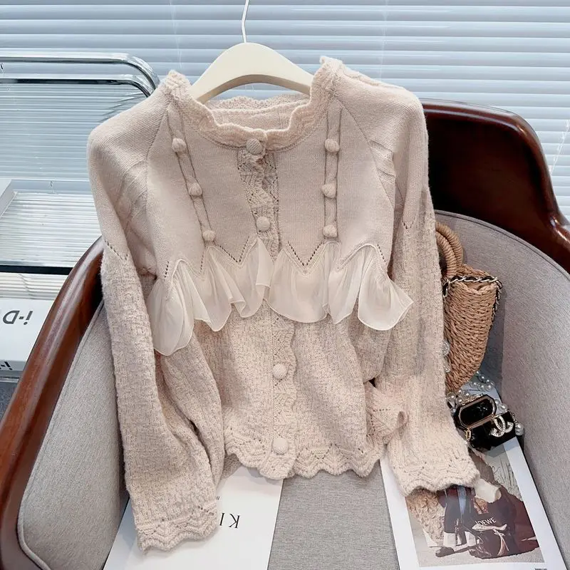 2024 Autumn and Winter Lazy Loose Slimming Wood Ear Sweet Knitted Patchwork Temperament Versatile Sweater Cardigan Top