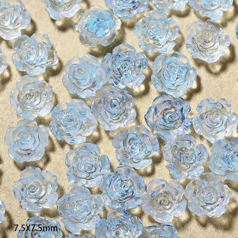 100Pcs 6/8mm 3D Acrylic Resin Flowers Nail Charm Aurora Camellia Rhinestone Nail Jewelry Rose Polish Accessories Nail Decoration