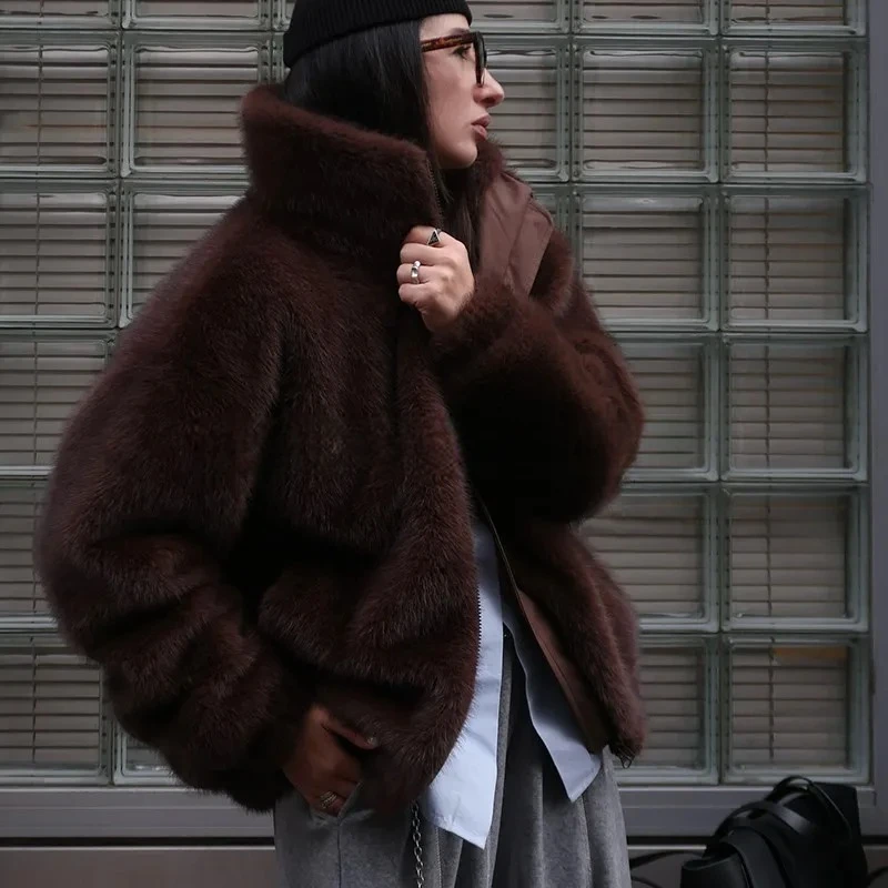 Woman Fur Coat Oversized Faux Fur Hooded Cozy Chic Coat Cropped Open Front Winter Cold Weather Plush Warm Thick Everyday Fashion