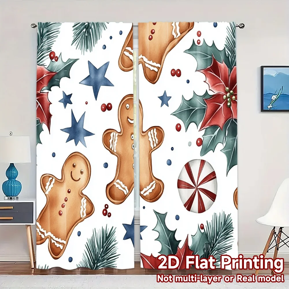 2pcs,Curtains Christmas Cookies Stars Holly (3) Popular Fashionable Curtains Machine Washable Fabric Curtains Decorations