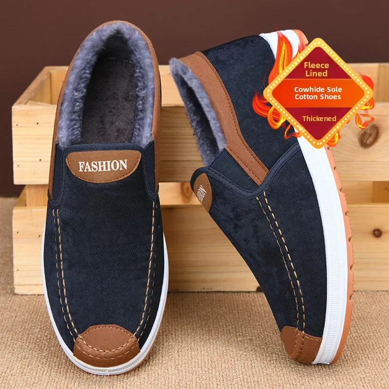 Warm Fleece Lined Dad Shoes Soft Bottom Comfortable Anti-Slip Wear-Resistant Beijing Style Cotton Shoes for Men with Bull Ten...