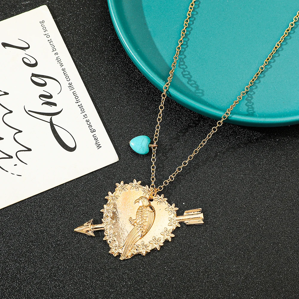 Bohemian Parrot Heart Arrow Necklace Pendant Vintage Statement Jewelry for Her