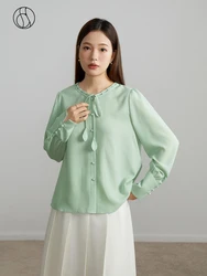 DUSHU Loose Women Round Neck Tie Design Shirts Light Green Elegant Long Sleeve Blouses 2023 Autumn New Straight Female Shirt