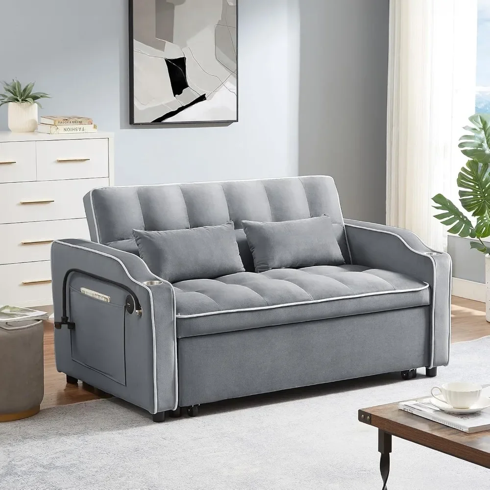 

3 in 1 Sleeper Sofa Couch Bed, Velvet Convertible Loveseat Sleeper Sofa with USB Port and Ashtray & Swivel Phone Stand, Storage