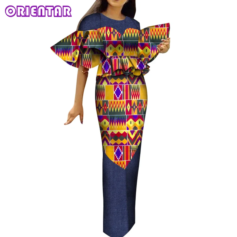 Elegant Women African Outfits Set 2 Pieces Short Sleeves O-neck Ad Long Skirts Women Party Suits African Print Skirts Set WY6741