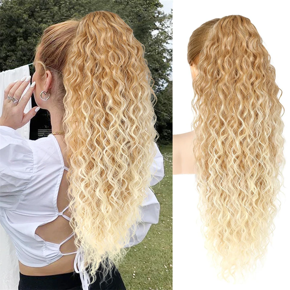 36-inch Drawstring Long Ponytail Extensions Synthetic Gradient Golden Water Ripple Ladies Wig Light Fluffy Long Curly Ponytail