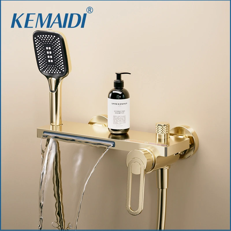 KEMAIDI Bathtub Shower Faucet Single Handle Mixer Tap With Hand Shower Platform Waterfall Bath Mixer Wall Mounted  Tub Filler