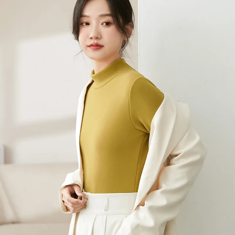 المرأة تي شيرت سميكة الصوف الدافئة الخريف الشتاء محبوك قاع قميص طويل الأكمام الياقة المدورة التي شيرت عادية الكورية تحت قميص