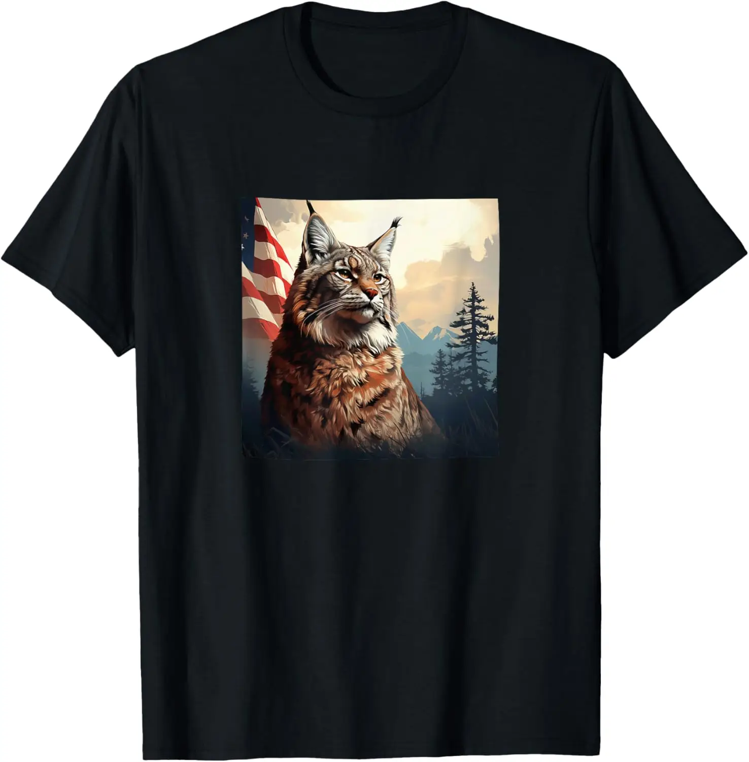 Bobcat America Flag Clouds Pine Trees Illustration Graphic T-Shirt