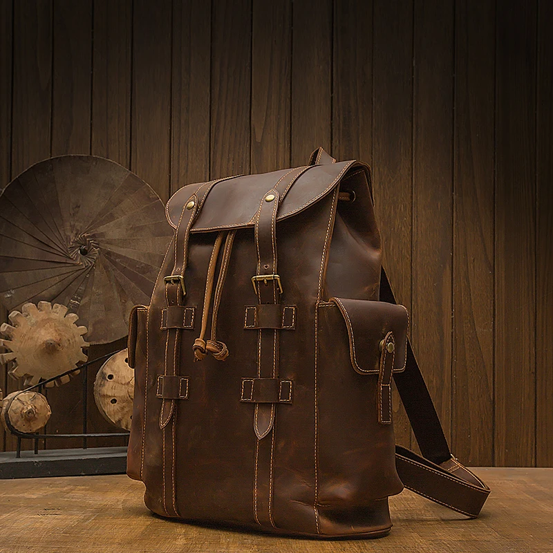 Men's Crazy Horse Leather Backpack Vintage Genuine Leather Rucksack Handmade Cowhide Leather Business Laptop Bag Retro Knapsack