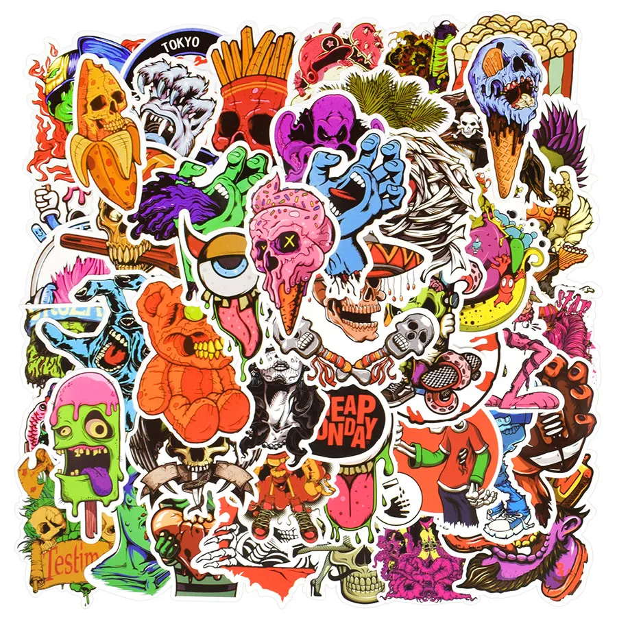 50 PCS Terror Stickers Ghost Graffiti Skeleton Cool Rock Punk JDM Sticker for Adult DIY Laptop Skateboard Guitar Fridge Car Bike