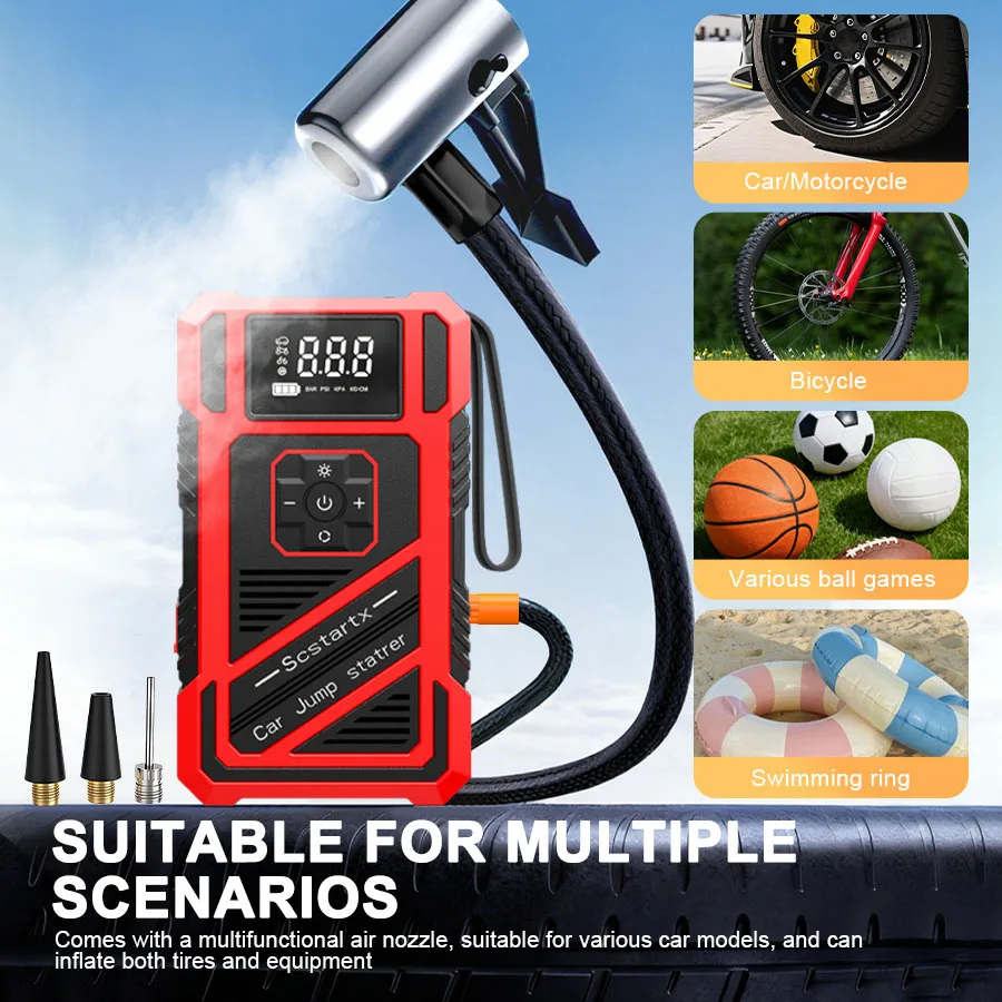 Belibuy Car Jump Starter 4-IN-1 Battery Booster 12V Digital Display LED Light Jump Pack Tire Inflator Portable Air Compressor for Gas Diesel Sedan SUV Pickup Truck Roadside Emergency