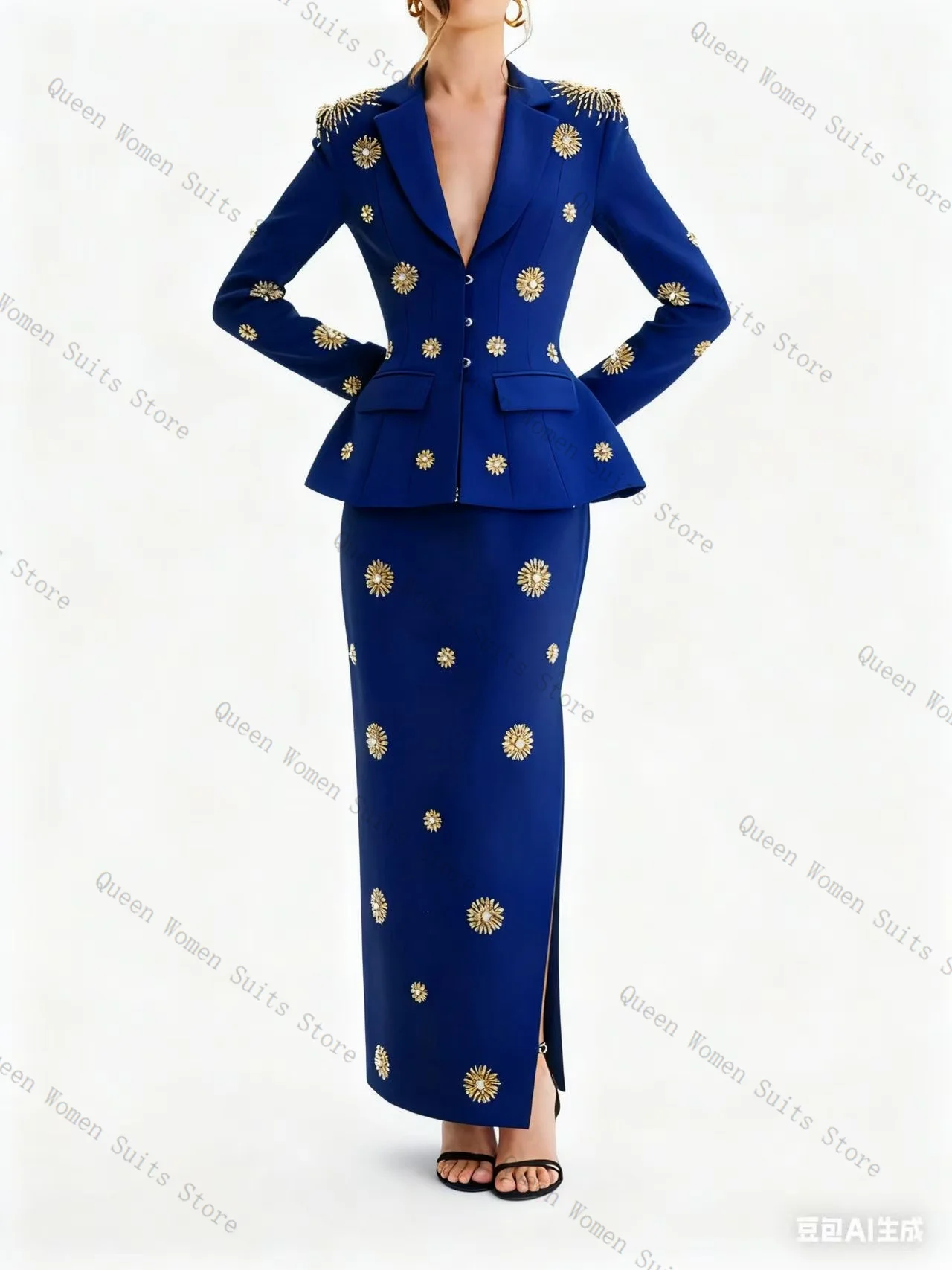 

Luxury Blue Women Suit Skirt Set 2 Pcs Blazer+Prom Dress Crystals Cotton Formal Office Lady Jacket Wedding Guest Coat Customized