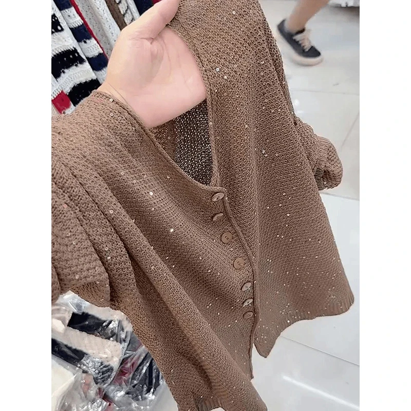 كارديجان نسائي أنيق وبسيط محبوك بياقة على شكل V وأكمام طويلة، فضفاض للخريف، متعدد الاستخدامات بأزرار أمامية للارتداء اليومي