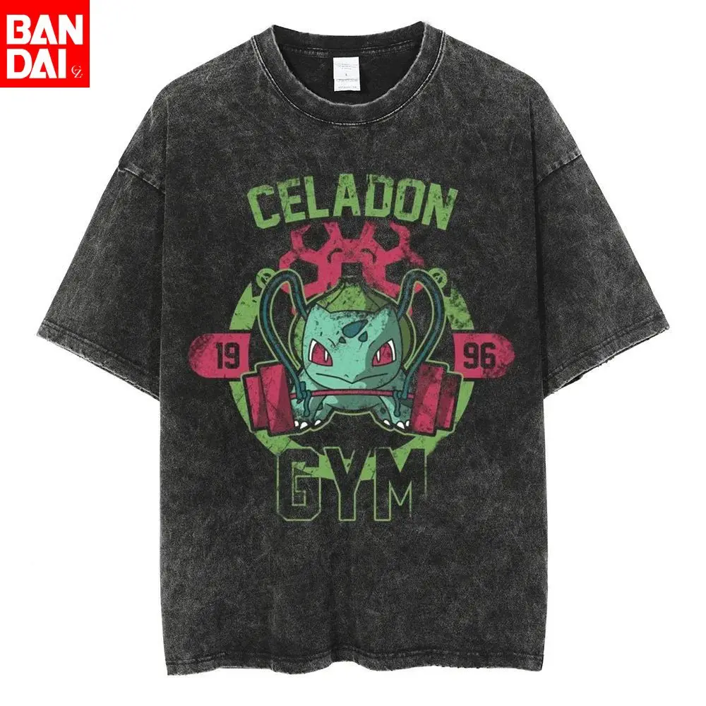 Pokemon Bulbasaur Celadon Gym Retro Vintage Wash Print T-Shirt Herren 2026 Sommer Schwarz Übergroßes T-Shirt Anime Streetwear Harajuku